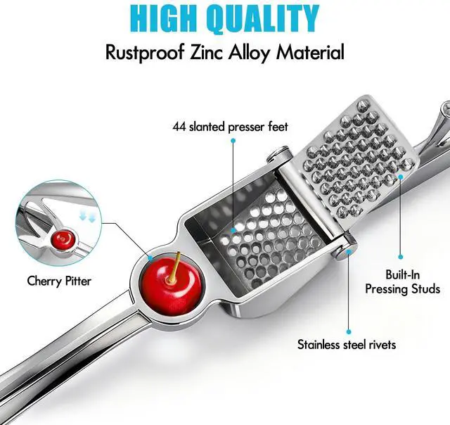Alt view image 3 of 7 - Garlic Press, Premium Metal Garlic Mincer Tool, Heavy Duty Garlic Crusher with Ergonomic Handle, Rust Proof & Dishwasher Safe, Easy to Squeeze and Clean -Silver