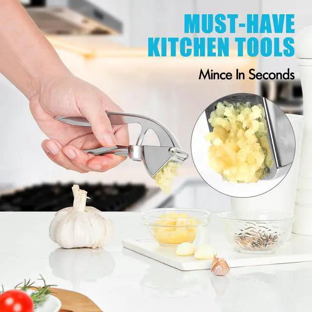 Alt view image 4 of 7 - Garlic Press, Premium Metal Garlic Mincer Tool, Heavy Duty Garlic Crusher with Ergonomic Handle, Rust Proof & Dishwasher Safe, Easy to Squeeze and Clean -Silver