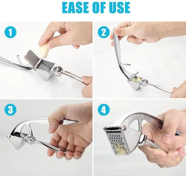 Alt view image 5 of 7 - Garlic Press, Premium Metal Garlic Mincer Tool, Heavy Duty Garlic Crusher with Ergonomic Handle, Rust Proof & Dishwasher Safe, Easy to Squeeze and Clean -Silver