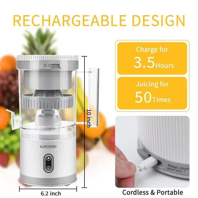 Alt view image 2 of 7 - Electric Citrus Juicer, Rechargeable Juicer Machine with USB Cable and Cleaning Brush, Touch Button, Automatic Orange Lime Lemon Grapefruit Squeezer, Easy to Clean Portable Juicer, White