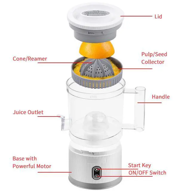 Alt view image 3 of 7 - Electric Citrus Juicer, Rechargeable Juicer Machine with USB Cable and Cleaning Brush, Touch Button, Automatic Orange Lime Lemon Grapefruit Squeezer, Easy to Clean Portable Juicer, White