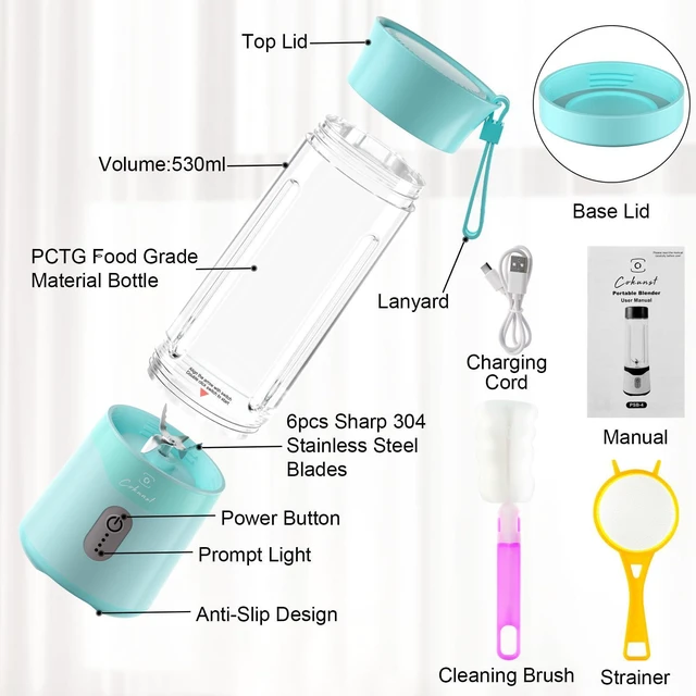 Alt view image 4 of 6 - 18oz Portable Blender, USB Rechargeable Personal Size Blenders, Smoothie Blender with 6 Blades for Protein & Shakes, Mini juicer with Extra Handle Lid for Travel Sports Outgoing, Green