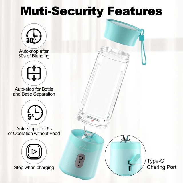 Alt view image 6 of 6 - 18oz Portable Blender, USB Rechargeable Personal Size Blenders, Smoothie Blender with 6 Blades for Protein & Shakes, Mini juicer with Extra Handle Lid for Travel Sports Outgoing, Green