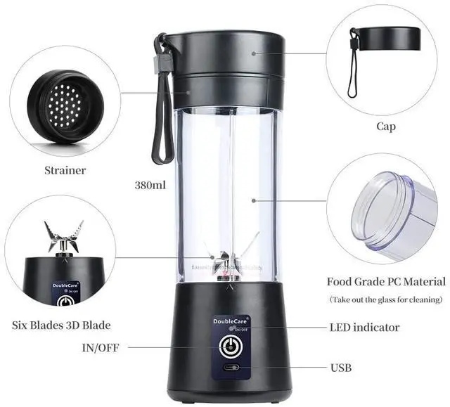 Alt view image 2 of 7 - Portable Blender Cup,Electric USB Mini Juicer Blender For Shakes and Smoothies, Juice,380ml, Six Blades Great for Mixing,Black