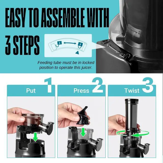 Alt view image 2 of 7 - Ginnie Mini Cold Press Juicer, Small Slow Masticating Juicer for Vegetables and Fruits, High Juice Yield, Easy to Clean, Space-Saving, Fit for Personal/Travel/Picnic/Office (Black)