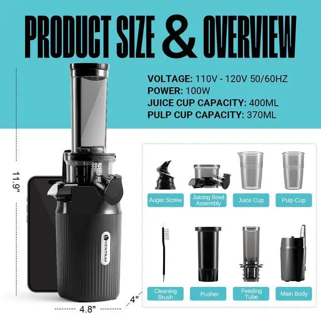 Alt view image 5 of 7 - Ginnie Mini Cold Press Juicer, Small Slow Masticating Juicer for Vegetables and Fruits, High Juice Yield, Easy to Clean, Space-Saving, Fit for Personal/Travel/Picnic/Office (Black)