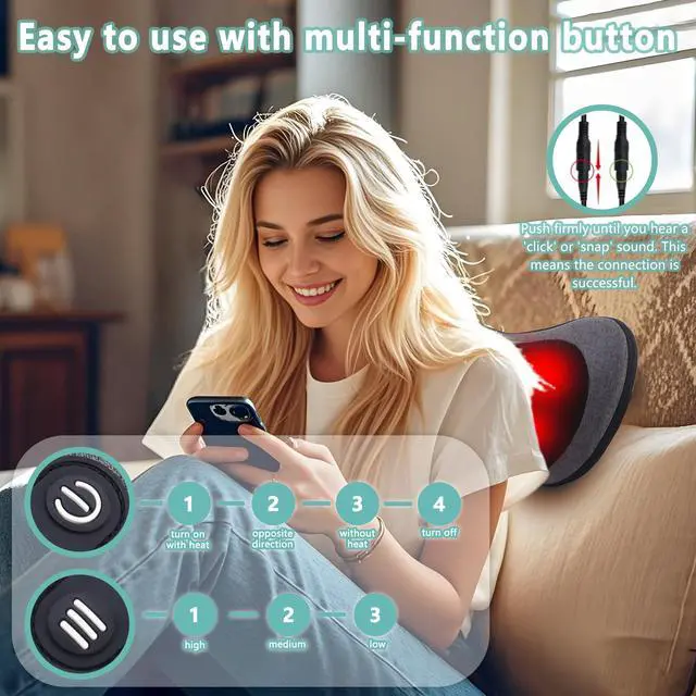 Alt view image 3 of 7 - Shiatsu Neck and Back Massager with Heat - Deep Tissue Massage Pillow for Neck, Back & Shoulders Pain Relief, Ergonomic Design Electric Massager for Home, Car, Office Use, Gray