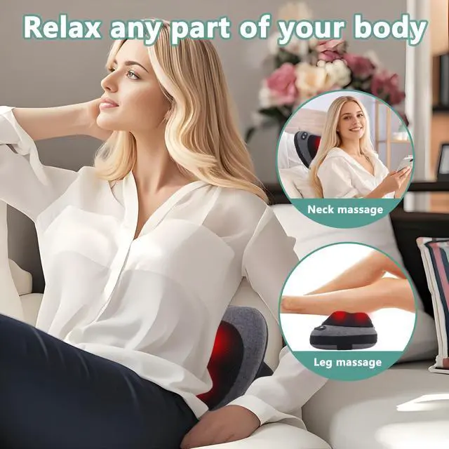 Alt view image 4 of 7 - Shiatsu Neck and Back Massager with Heat - Deep Tissue Massage Pillow for Neck, Back & Shoulders Pain Relief, Ergonomic Design Electric Massager for Home, Car, Office Use, Gray