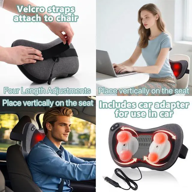 Alt view image 5 of 7 - Shiatsu Neck and Back Massager with Heat - Deep Tissue Massage Pillow for Neck, Back & Shoulders Pain Relief, Ergonomic Design Electric Massager for Home, Car, Office Use, Gray
