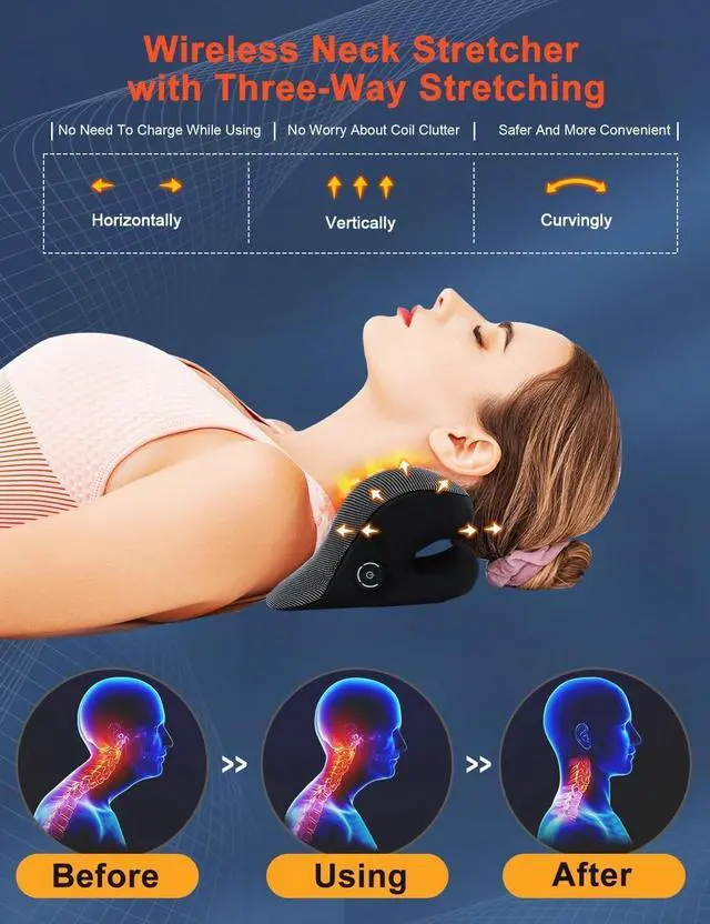 Alt view image 3 of 7 - Wireless Heated Neck Stretcher for Pain Relief, Portable Cordless Neck Shoulder Cervical Traction Device with Graphene Heating Pad No Smell Magnetic Therapy Case Relaxer for TMJ Migraine Spine Alignme