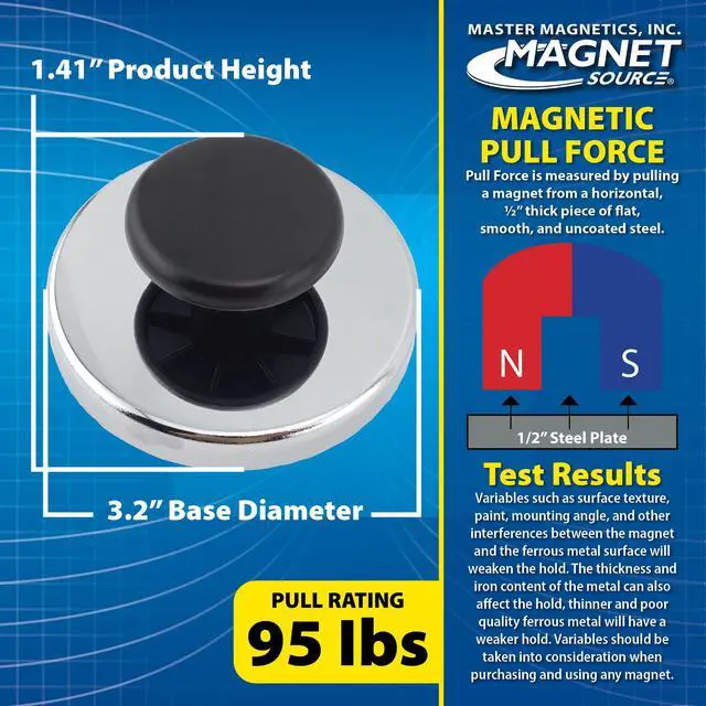 Alt view image 4 of 6 - Ceramic Round Base Magnet with Knob Pack - Heavy-Duty Strong Magnets for Home and Work - 95 lb Pull Each - Nickel-Plated - 3.2" D - 1.41" H - 1.75" D Knob - Chrome - 2-Pack