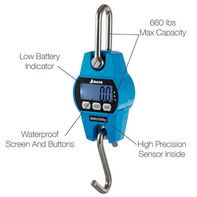 Alt view image 5 of 7 - Hanging Weight Scale | 660lb Digital Electronic Weighing Scale with Accurate Sensors | for Hunting, Outdoor, Bass Fishing, Big Game, Farm, Large Luggage, Patient Lift (Polycarbonate Blue)