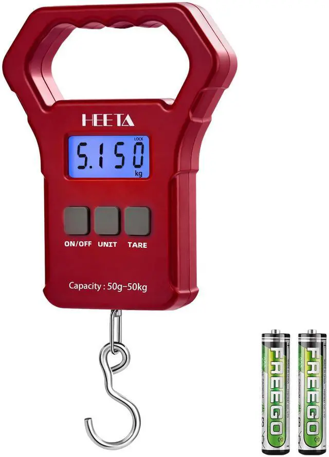 Main image of Fish Scale, 110lb/50kg Digital Portable Hanging Fishing Weight Scale with Backlit LCD Display, Luggage Scale with Non-Slip Large ABS Handle & 2 AAA Batteries, Fishing Gifts Gear for Men, Red