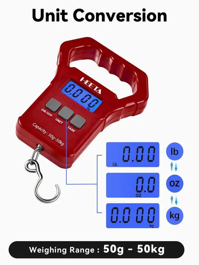 Alt view image 3 of 7 - Fish Scale, 110lb/50kg Digital Portable Hanging Fishing Weight Scale with Backlit LCD Display, Luggage Scale with Non-Slip Large ABS Handle & 2 AAA Batteries, Fishing Gifts Gear for Men, Red