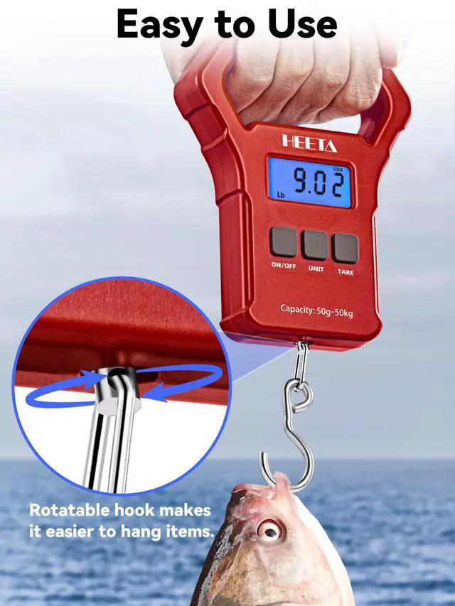 Alt view image 6 of 7 - Fish Scale, 110lb/50kg Digital Portable Hanging Fishing Weight Scale with Backlit LCD Display, Luggage Scale with Non-Slip Large ABS Handle & 2 AAA Batteries, Fishing Gifts Gear for Men, Red