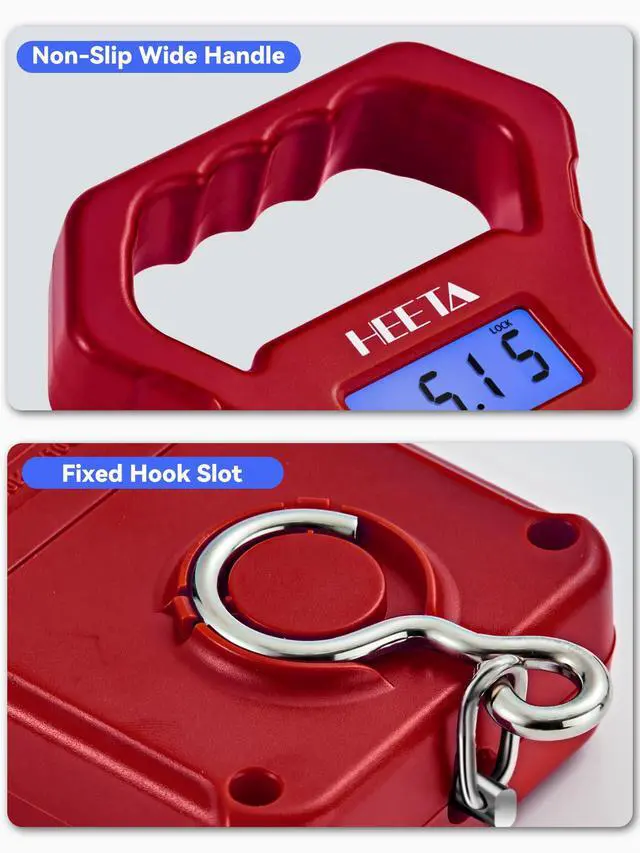 Alt view image 5 of 7 - Fish Scale, 110lb/50kg Digital Portable Hanging Fishing Weight Scale with Backlit LCD Display, Luggage Scale with Non-Slip Large ABS Handle & 2 AAA Batteries, Fishing Gifts Gear for Men, Red