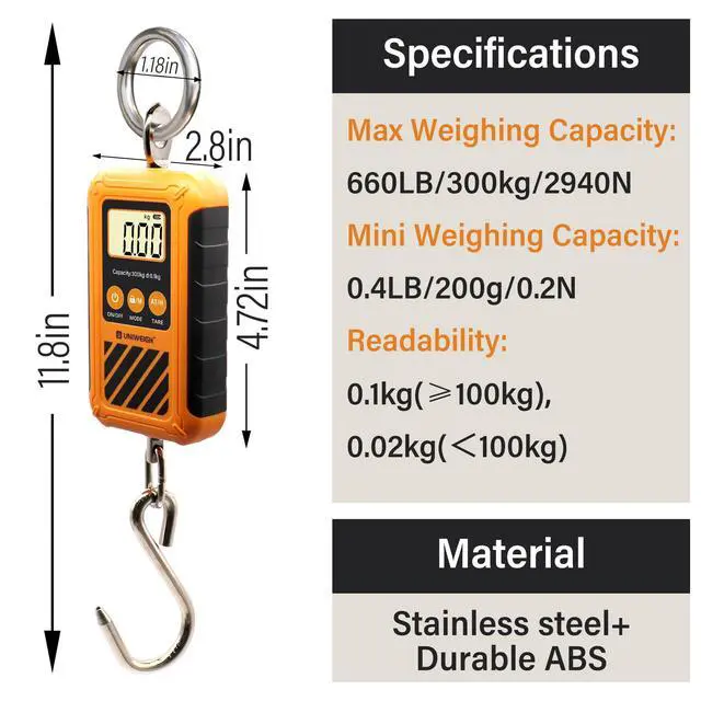 Alt view image 2 of 6 - Digital Hanging Scale,Mini Crane Scale 300kg/660lb,Postal Luggage Scale with LCD Display,Portable Handheld and Large Hook,Deer Scale with Hold &Tare Function for Garage Farms Hunting Fishing