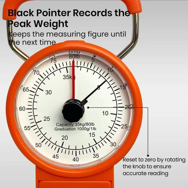 Alt view image 2 of 7 - Fishing Hanging Scale, 80 LBs Fish Weight Analog Spring Hook Crane Scale Kit with Tape Measure & Non-Slip Large Handle, Portable Gear Equipment Accessory for Farm Kitchen Luggage Weighting