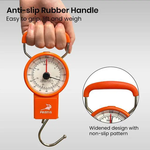 Alt view image 6 of 7 - Fishing Hanging Scale, 80 LBs Fish Weight Analog Spring Hook Crane Scale Kit with Tape Measure & Non-Slip Large Handle, Portable Gear Equipment Accessory for Farm Kitchen Luggage Weighting