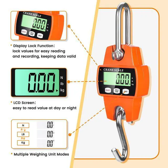 Alt view image 2 of 7 - Digital Hanging Scale, 1102lb/500kg Crane Scale, Handheld Digital Hanging Scale, Mini Crane Scale with LCD Display and Hooks, Aluminum Alloy Body for Hunting, Outdoor, Fishing, Farm (Orange)