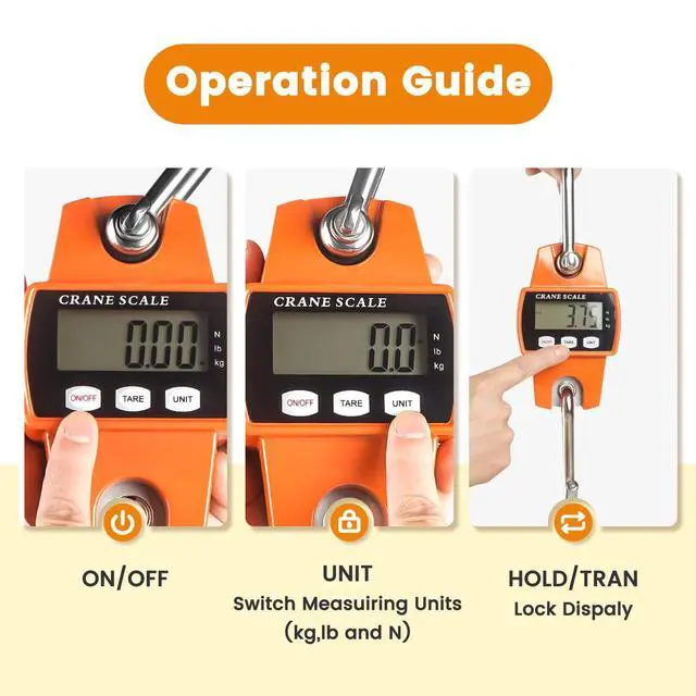 Alt view image 3 of 7 - Digital Hanging Scale, 1102lb/500kg Crane Scale, Handheld Digital Hanging Scale, Mini Crane Scale with LCD Display and Hooks, Aluminum Alloy Body for Hunting, Outdoor, Fishing, Farm (Orange)