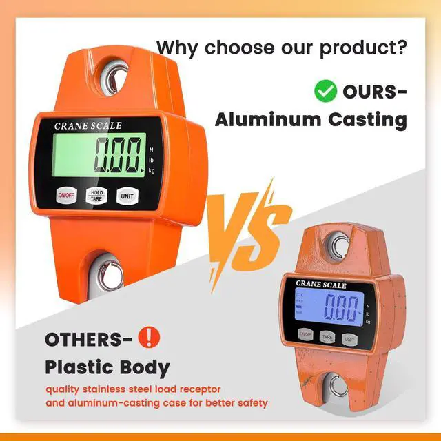 Alt view image 5 of 7 - Digital Hanging Scale, 1102lb/500kg Crane Scale, Handheld Digital Hanging Scale, Mini Crane Scale with LCD Display and Hooks, Aluminum Alloy Body for Hunting, Outdoor, Fishing, Farm (Orange)