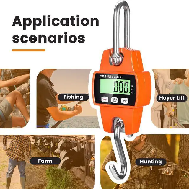 Alt view image 7 of 7 - Digital Hanging Scale, 1102lb/500kg Crane Scale, Handheld Digital Hanging Scale, Mini Crane Scale with LCD Display and Hooks, Aluminum Alloy Body for Hunting, Outdoor, Fishing, Farm (Orange)