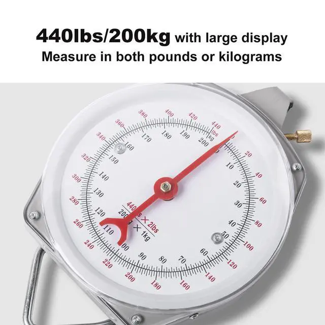 Alt view image 2 of 7 - Mechanical Hanging Scales 440lb/200kg, High Accuracy Large Display Spring Dial Weight Scale Big Game Scale for Kitchen Fishing Hunting Farms