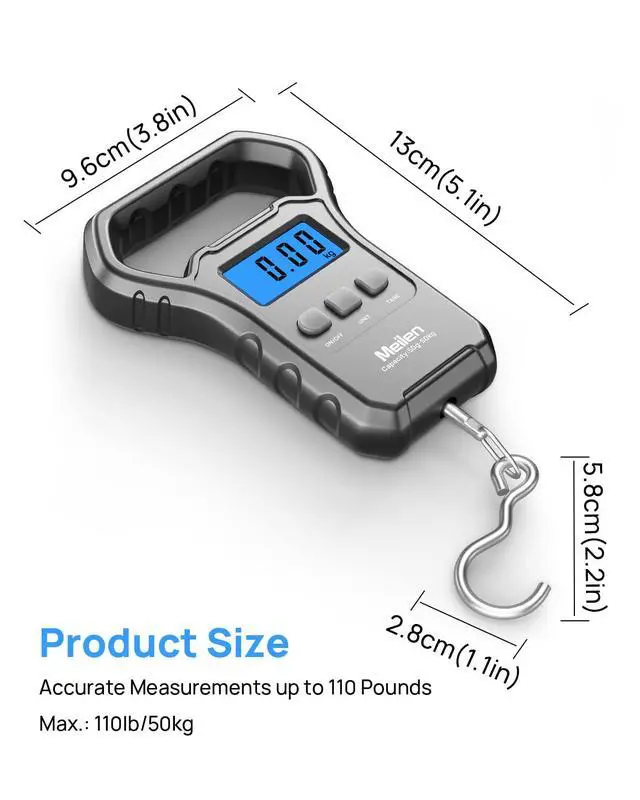 Alt view image 5 of 7 - Fishing Scale,110lb/50kg Hanging Luggage Weigh Scale Unit with Backlit LCD Display, Suitcase Luggage Weigh Divice with Large Handle, Digital Postal Unit Fishing Gifts for Men