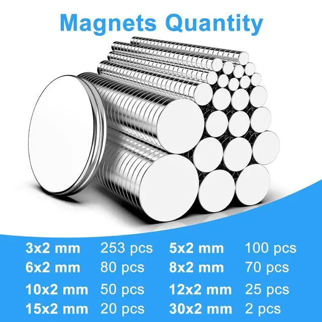 Alt view image 5 of 7 - Magnets, 600 Pack 8 Different Sizes Small Round Magnetic Rare Earth Neodymium Fridge Magnet for Home Kitchen Office School Hobby Handcraft Woodworking Miniature Model Base, Silver