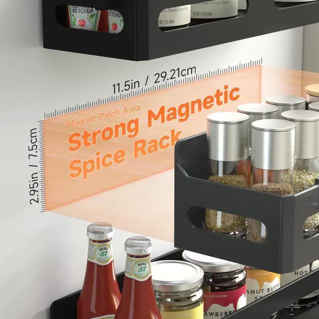 Alt view image 2 of 7 - 4 Pack Strong Magnetic Spice Rack for Refrigerator, Multipurpose Magnetic Shelf for Fridge with 4 Hooks for kitchen and Bathroom Organization, Black