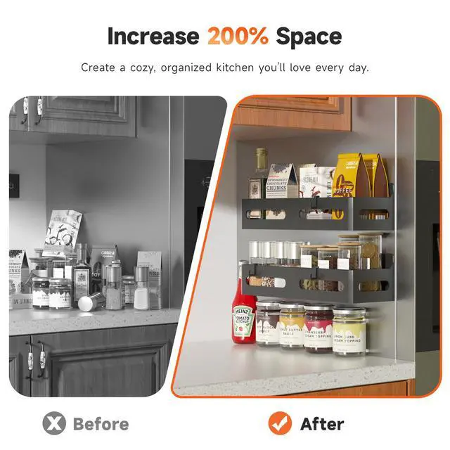 Alt view image 3 of 7 - 4 Pack Strong Magnetic Spice Rack for Refrigerator, Multipurpose Magnetic Shelf for Fridge with 4 Hooks for kitchen and Bathroom Organization, Black