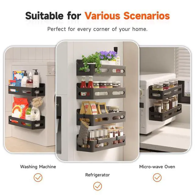 Alt view image 6 of 7 - 4 Pack Strong Magnetic Spice Rack for Refrigerator, Multipurpose Magnetic Shelf for Fridge with 4 Hooks for kitchen and Bathroom Organization, Black