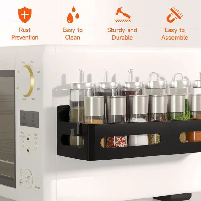 Alt view image 5 of 7 - 4 Pack Strong Magnetic Spice Rack for Refrigerator, Multipurpose Magnetic Shelf for Fridge with 4 Hooks for kitchen and Bathroom Organization, Black