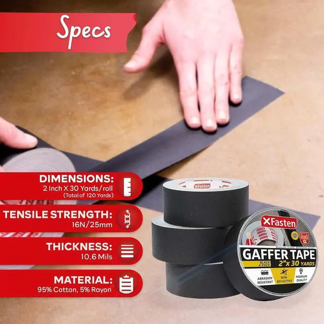 Alt view image 2 of 7 - Black Gaffers Tape - 2 Inch x 30 Yards (4-Pack, 360ft) Residue-Free Matte Black Gaffer Tape for Electrical Cords
