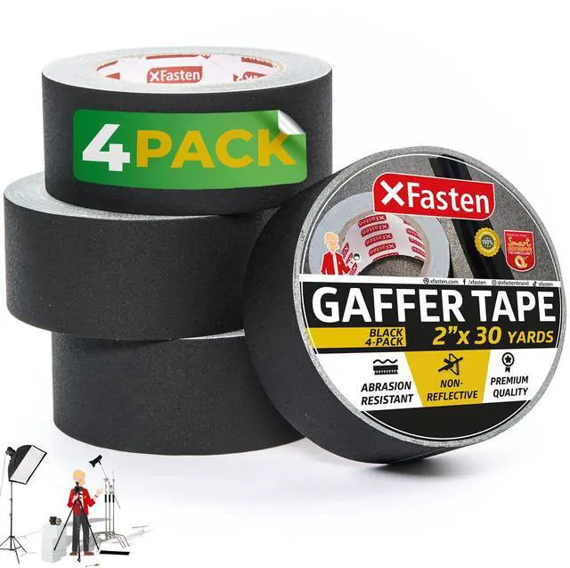 Main image of Black Gaffers Tape - 2 Inch x 30 Yards (4-Pack, 360ft) Residue-Free Matte Black Gaffer Tape for Electrical Cords