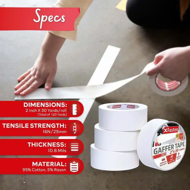 Alt view image 2 of 7 - White Gaffers Tape 2 Inch x 30 Yards, Residue-Free Strong Adhesion (4-Pack 360-feet Total) Non-Reflective Cloth Matte White Tape for Walls, Cords, Bookbinding, Console, Photography