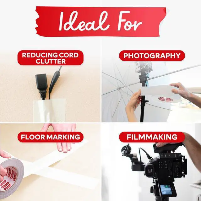 Alt view image 5 of 7 - White Gaffers Tape 2 Inch x 30 Yards, Residue-Free Strong Adhesion (4-Pack 360-feet Total) Non-Reflective Cloth Matte White Tape for Walls, Cords, Bookbinding, Console, Photography