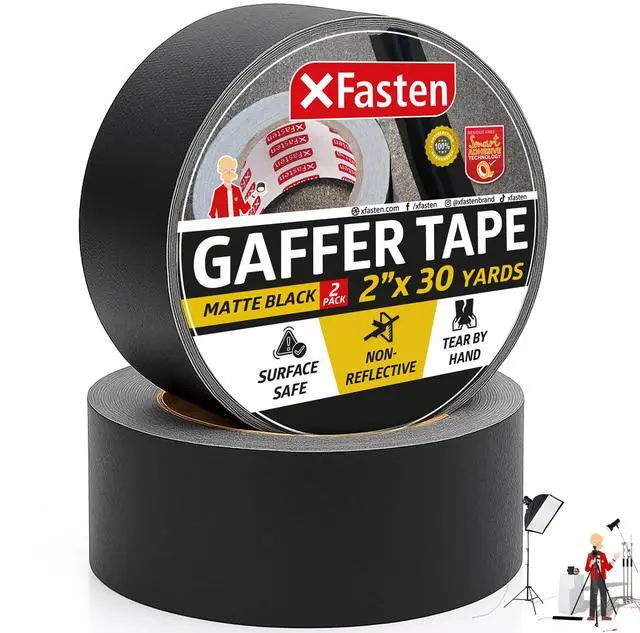 Main image of Black Gaffers Tape 2 Inch x 30 Yards, Residue-Free Strong Adhesion (2-Pack 180-feet Total) Matte Black Non-Reflective Tape for Electrical Cords, Photography, Gym Floor Stage Marking