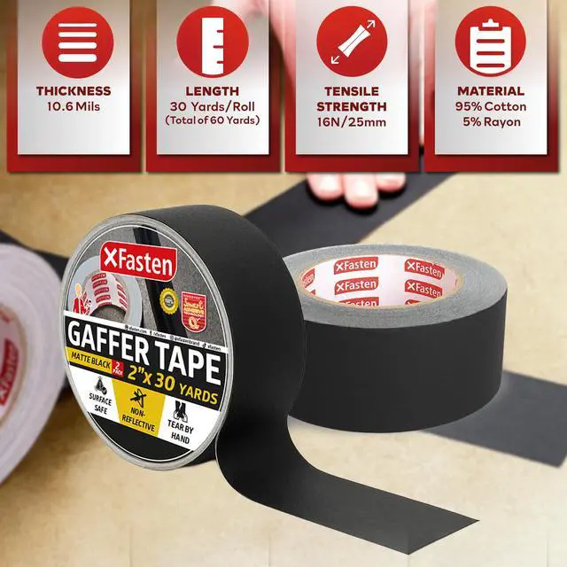 Alt view image 2 of 7 - Black Gaffers Tape 2 Inch x 30 Yards, Residue-Free Strong Adhesion (2-Pack 180-feet Total) Matte Black Non-Reflective Tape for Electrical Cords, Photography, Gym Floor Stage Marking