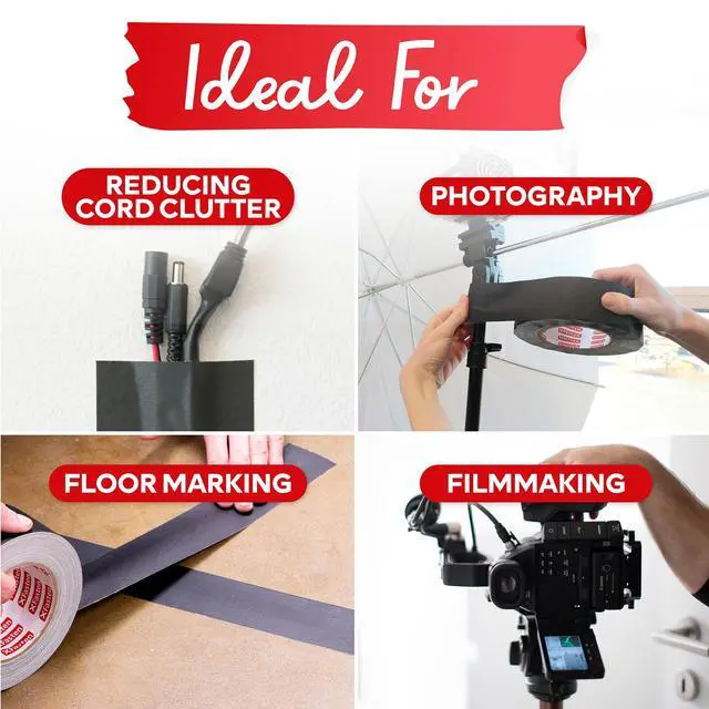 Alt view image 5 of 7 - Black Gaffers Tape 2 Inch x 30 Yards, Residue-Free Strong Adhesion (2-Pack 180-feet Total) Matte Black Non-Reflective Tape for Electrical Cords, Photography, Gym Floor Stage Marking