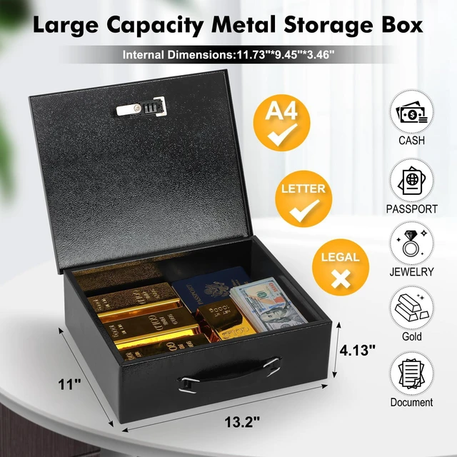 Alt view image 2 of 7 - Fireproof Lock Box for Documents, Dual Combination and Key Lock Security with Carrying Handle, Metal Strong Safe Box to Keep Personal Items, Documents, Exterior 13.2''x 11''x4.13'', Black
