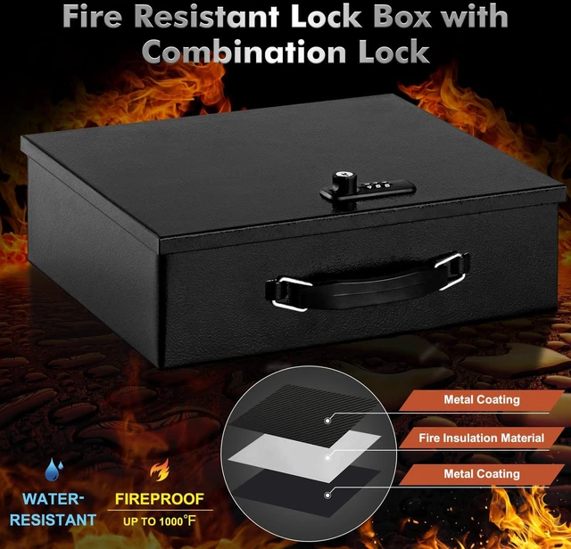 Alt view image 3 of 7 - Fireproof Lock Box for Documents, Dual Combination and Key Lock Security with Carrying Handle, Metal Strong Safe Box to Keep Personal Items, Documents, Exterior 13.2''x 11''x4.13'', Black