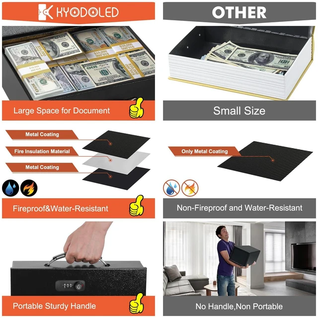 Alt view image 5 of 7 - Fireproof Lock Box for Documents, Dual Combination and Key Lock Security with Carrying Handle, Metal Strong Safe Box to Keep Personal Items, Documents, Exterior 13.2''x 11''x4.13'', Black