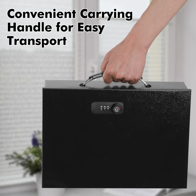 Alt view image 6 of 7 - Fireproof Lock Box for Documents, Dual Combination and Key Lock Security with Carrying Handle, Metal Strong Safe Box to Keep Personal Items, Documents, Exterior 13.2''x 11''x4.13'', Black