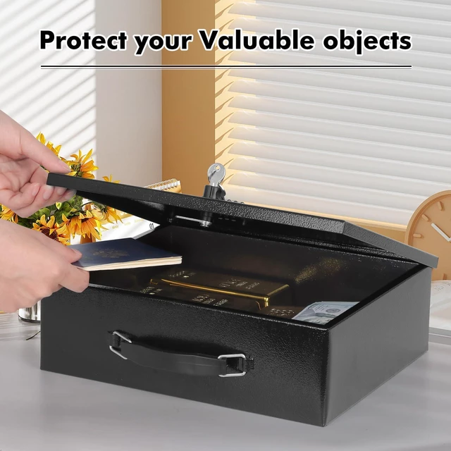 Alt view image 7 of 7 - Fireproof Lock Box for Documents, Dual Combination and Key Lock Security with Carrying Handle, Metal Strong Safe Box to Keep Personal Items, Documents, Exterior 13.2''x 11''x4.13'', Black