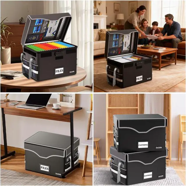 Alt view image 2 of 7 - 5200°F Fireproof Document Box with Lock,Heat Insulated File Organizer Storage with Pockets,Collapsible Portable Home Office File Safe Box with Handle for Hanging Letter/Legal Folders, Black