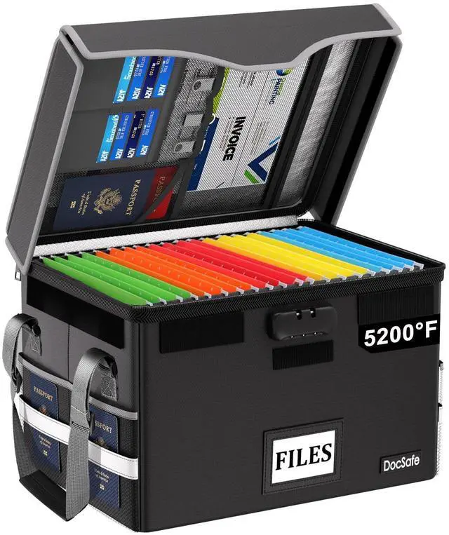 Main image of 5200°F Fireproof Document Box with Lock,Heat Insulated File Organizer Storage with Pockets,Collapsible Portable Home Office File Safe Box with Handle for Hanging Letter/Legal Folders, Black