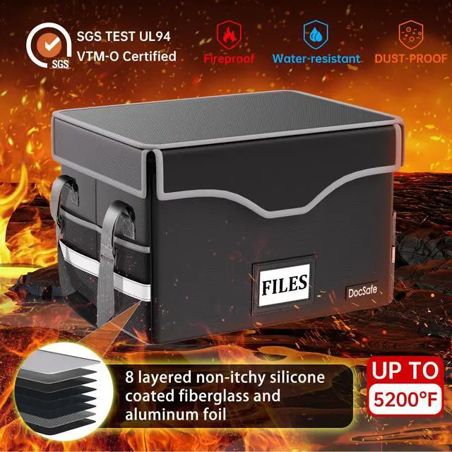 Alt view image 3 of 7 - 5200°F Fireproof Document Box with Lock,Heat Insulated File Organizer Storage with Pockets,Collapsible Portable Home Office File Safe Box with Handle for Hanging Letter/Legal Folders, Black