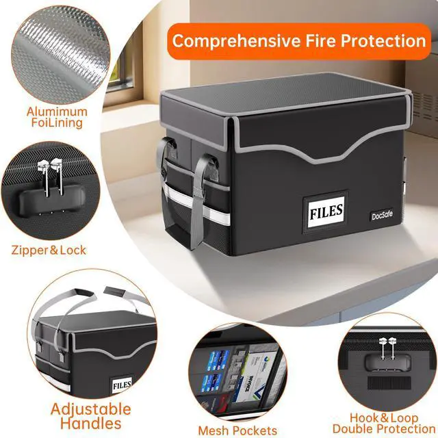 Alt view image 4 of 7 - 5200°F Fireproof Document Box with Lock,Heat Insulated File Organizer Storage with Pockets,Collapsible Portable Home Office File Safe Box with Handle for Hanging Letter/Legal Folders, Black